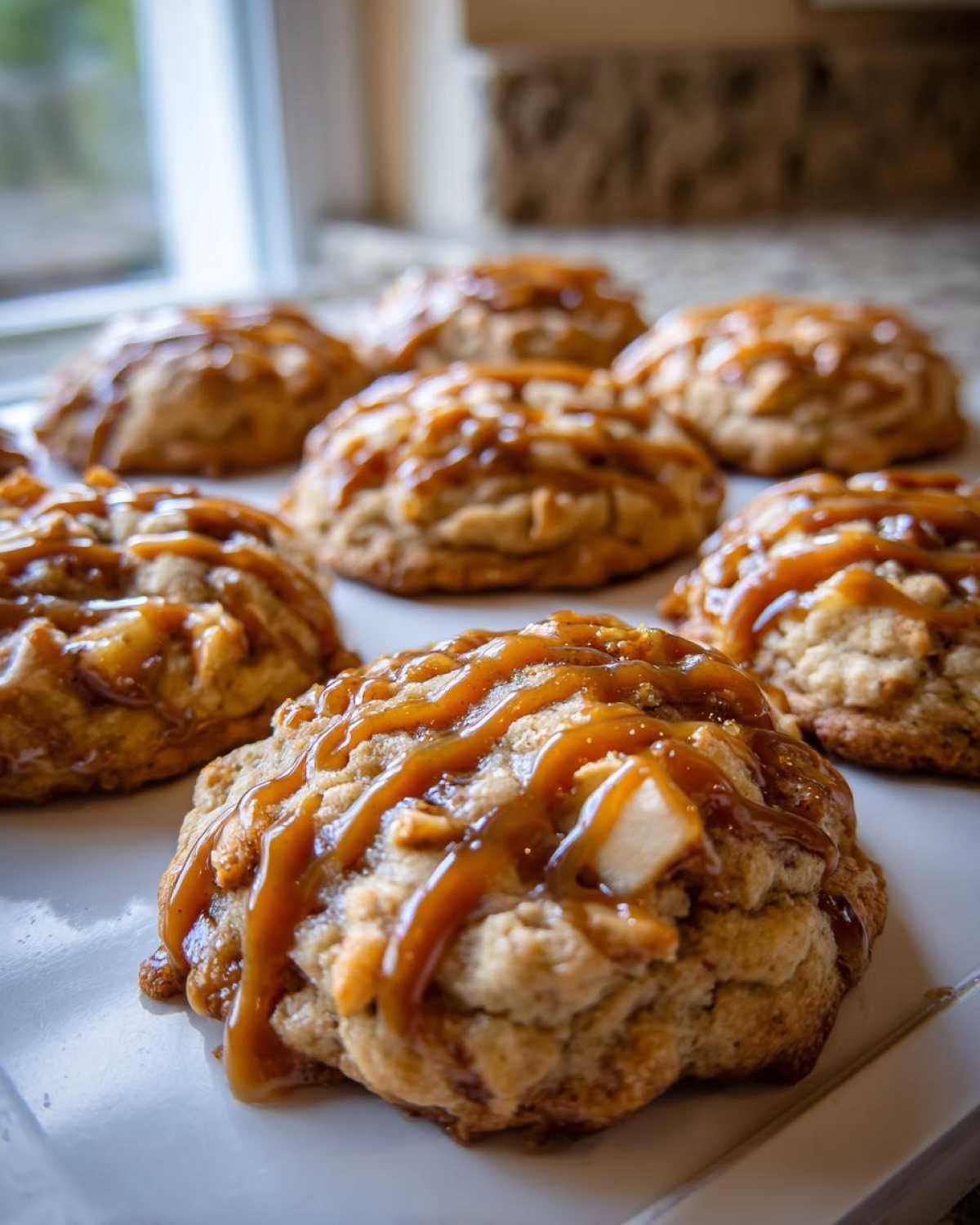 Close-up of caramel apple cookies drizzled with caramel on a white plate.