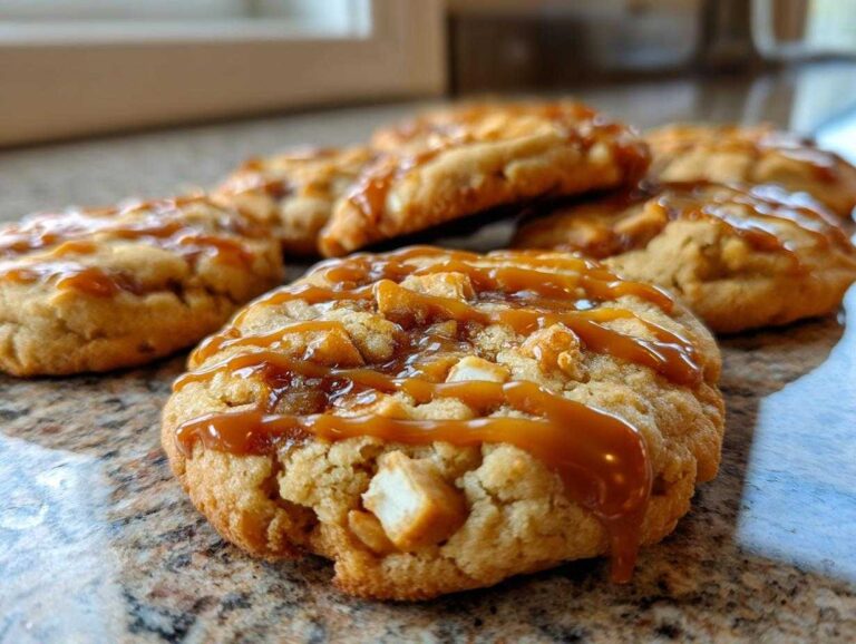 Close-up of caramel apple cookies with caramel drizzle and apple pieces on a marble surface.