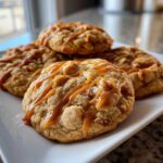 A stack of caramel apple cookies drizzled with caramel sauce on a white plate. Close up of caramel apple cookies.