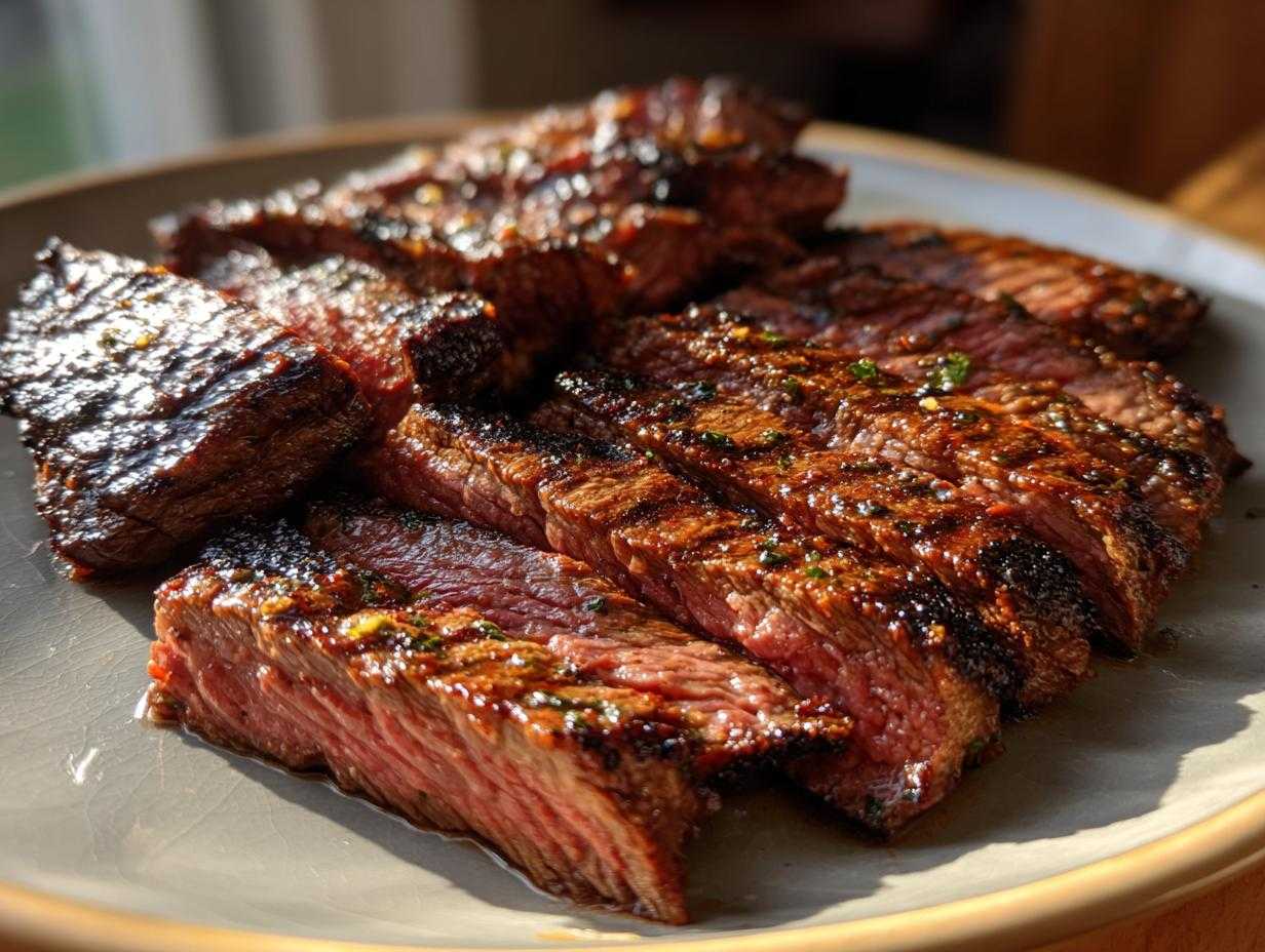 Close-up of sliced carne asada showing the results of the carne asada marinade. Juicy and flavorful.