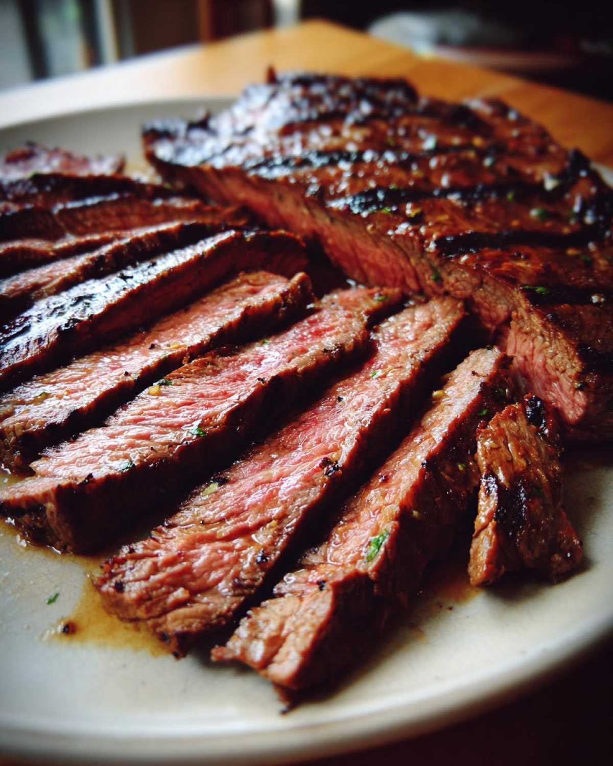 Close-up of sliced carne asada showing the results of the carne asada marinade: juicy, tender, and flavorful.