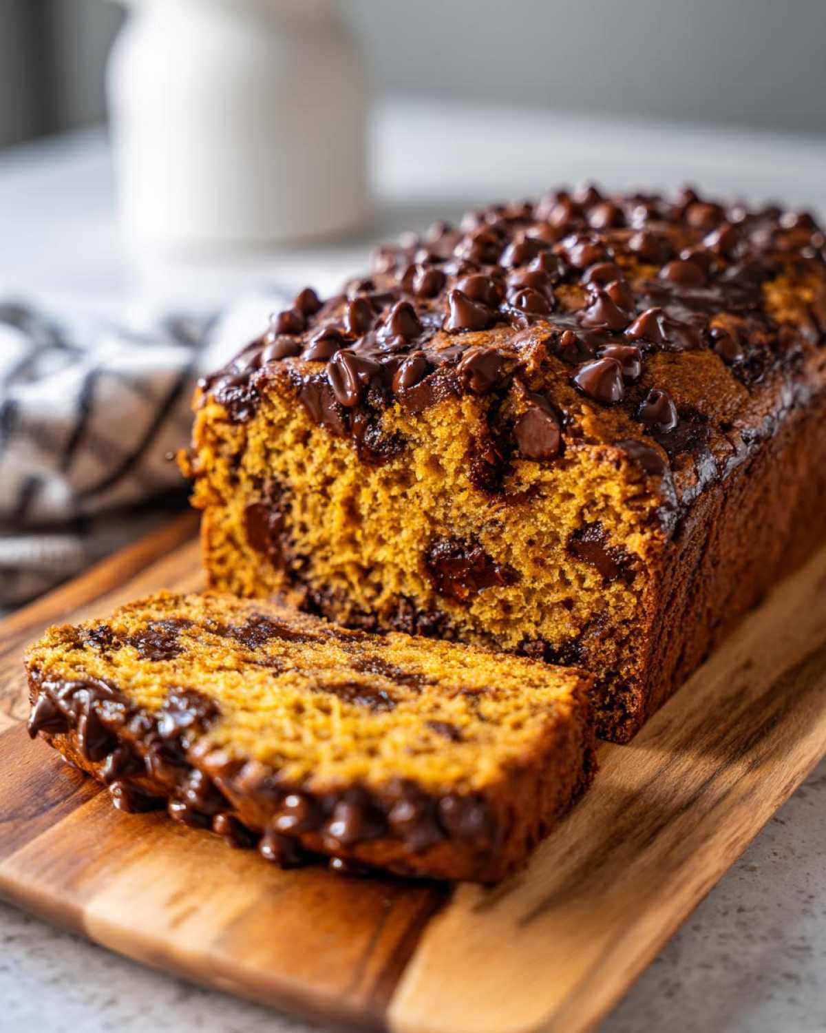 A loaf of chocolate chip pumpkin bread with a slice cut, sitting on a wooden board.