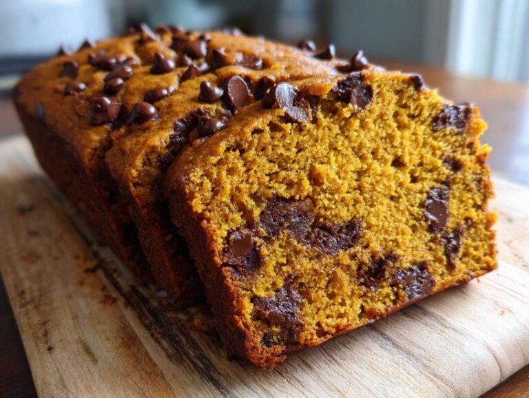 A loaf of chocolate chip pumpkin bread, sliced on a wooden board, showcasing the moist texture and chocolate chips.