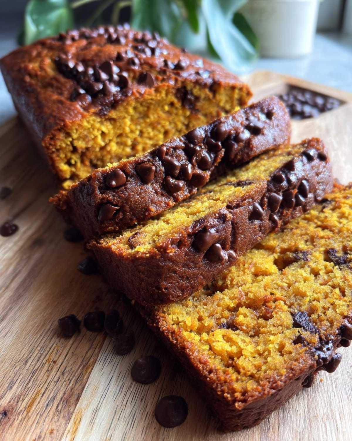 Close-up of sliced chocolate chip pumpkin bread on a wooden board, showing the moist texture and chocolate chips.