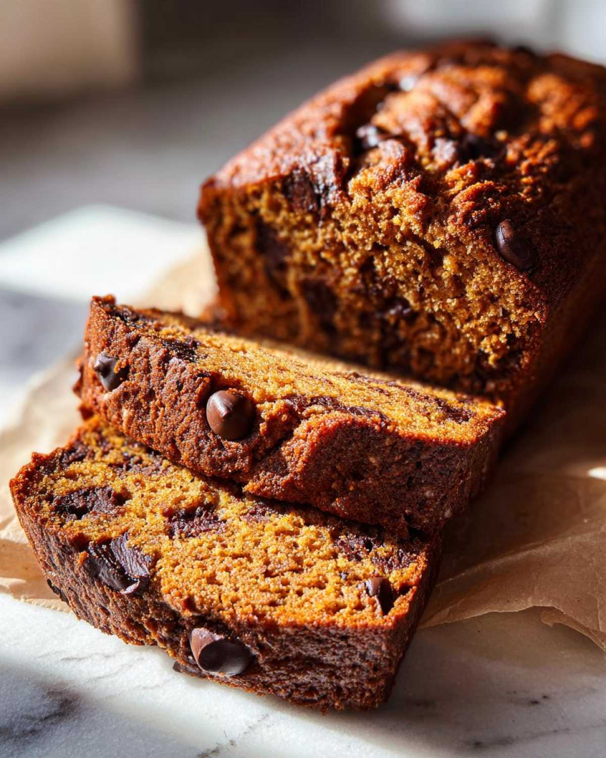 Close-up of sliced chocolate chip pumpkin bread loaf, showing the moist texture and chocolate chips.