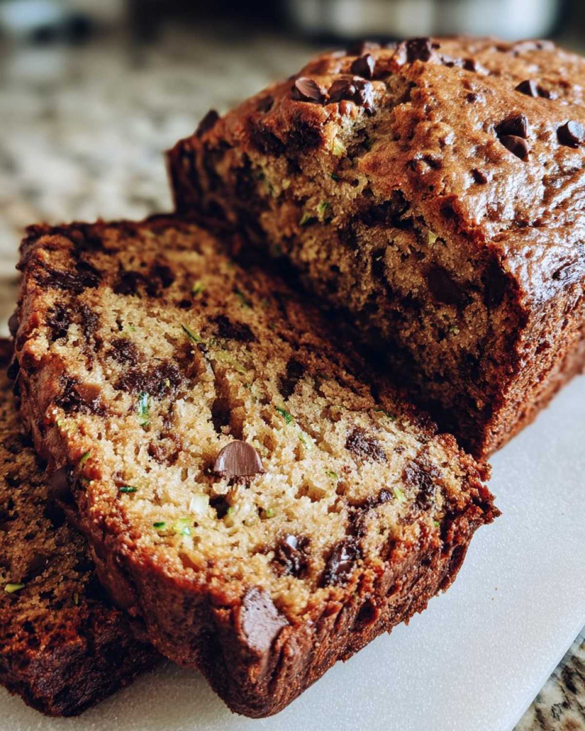 A loaf of chocolate chip zucchini bread with two slices cut, showing the zucchini and chocolate chips inside.