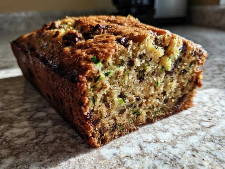 A loaf of freshly baked chocolate chip zucchini bread on a countertop, showing the moist crumb and chocolate chips.