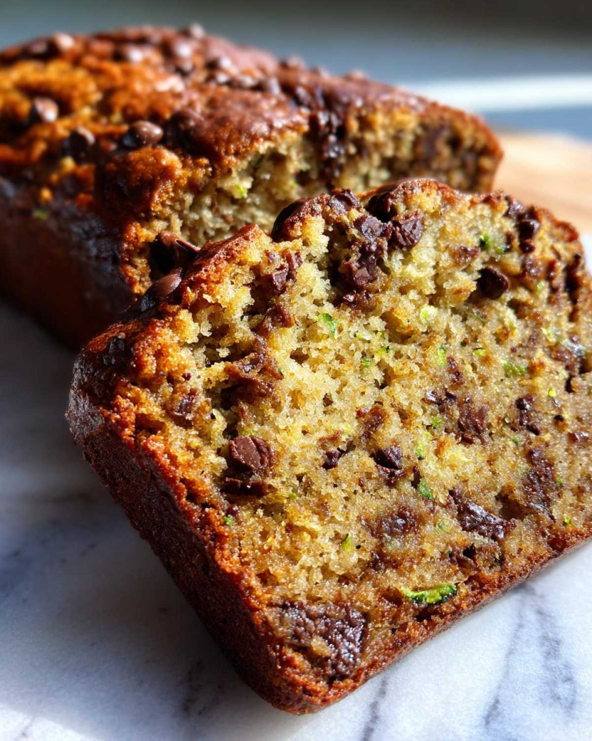 A close-up of a slice of chocolate chip zucchini bread, showing the moist crumb and chocolate chips.