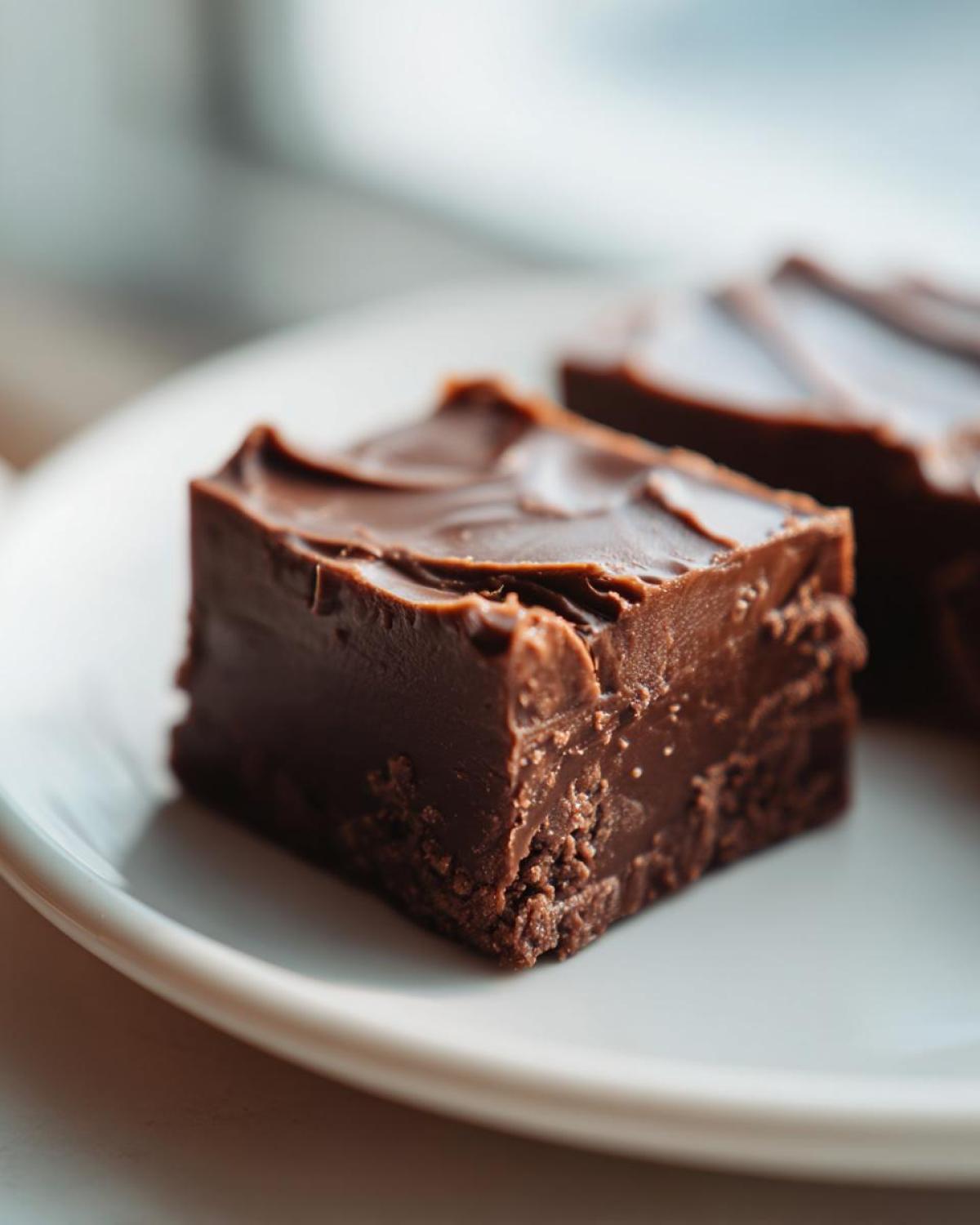 Close-up of two squares of homemade fudge recipe on a white plate, showcasing the rich chocolate texture.