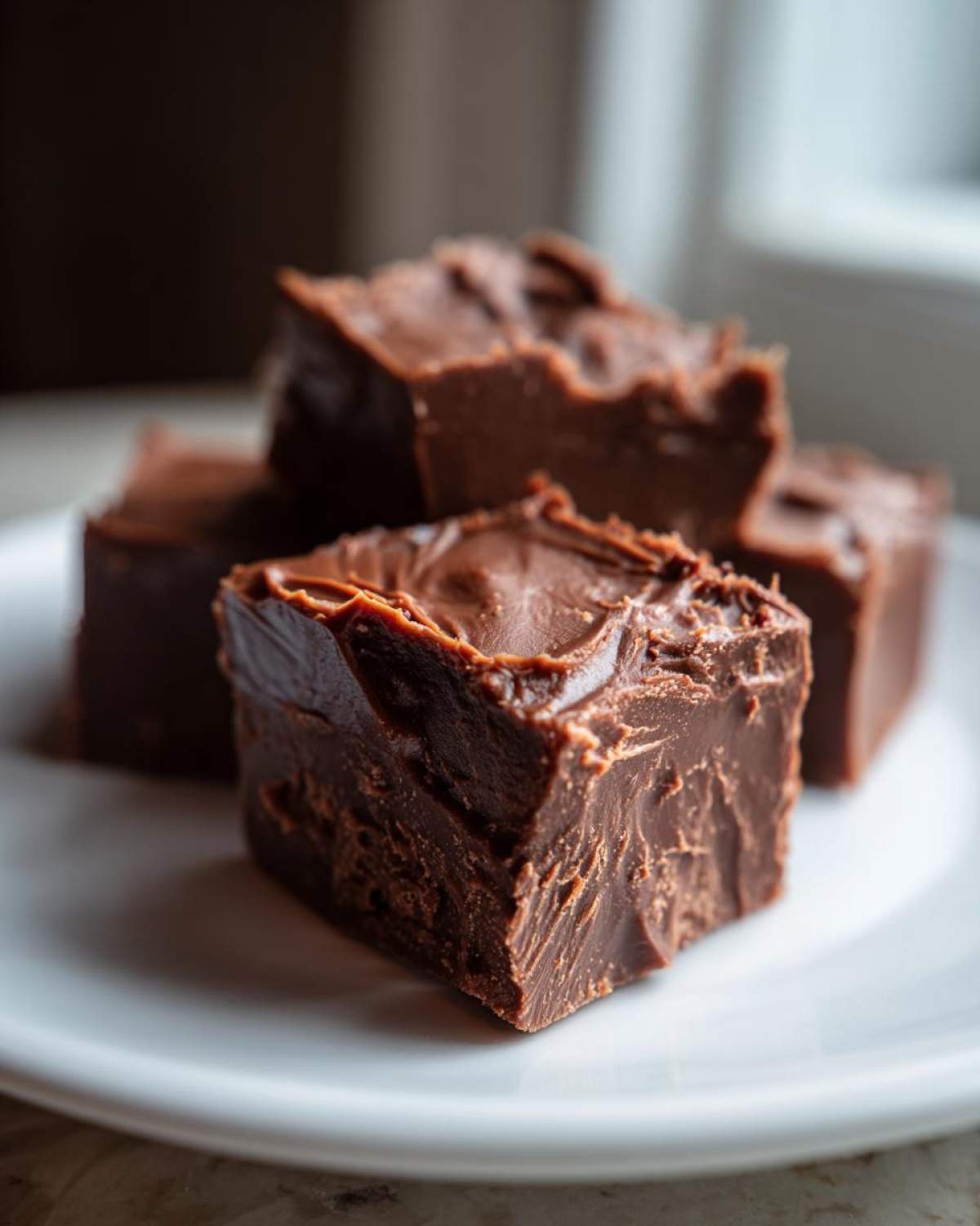 Close-up of several pieces of homemade chocolate fudge recipe on a white plate.