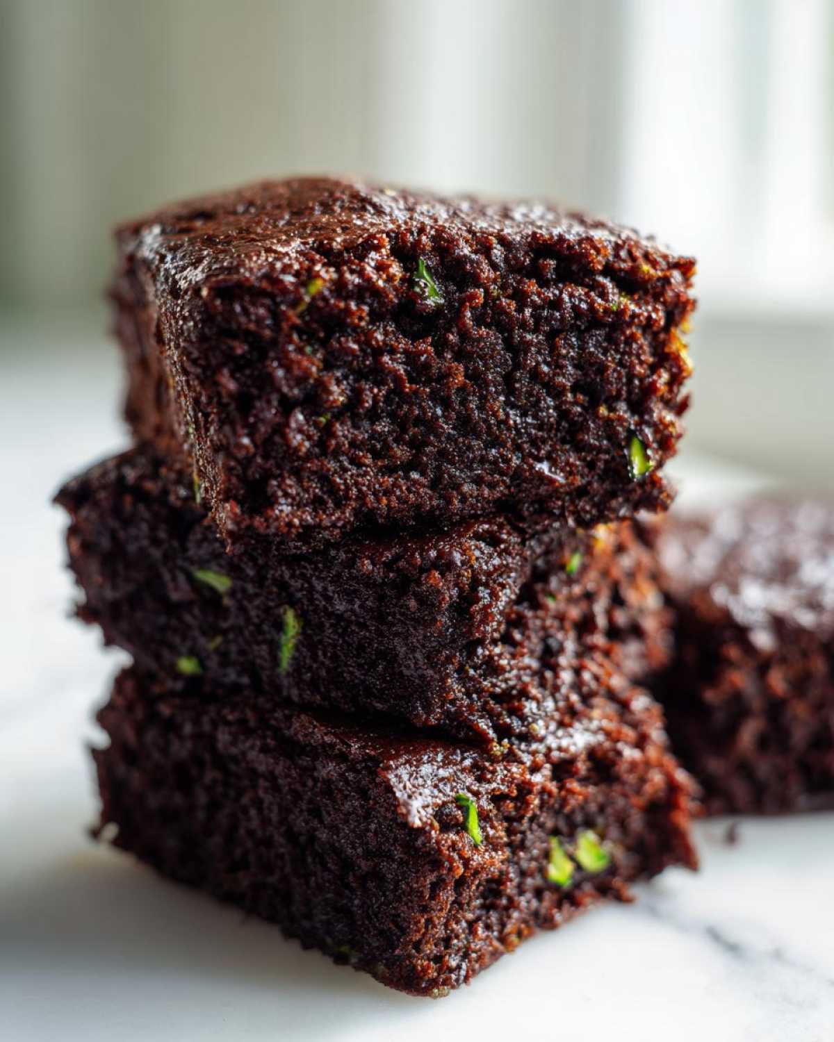A stack of three fudgy chocolate zucchini cake brownies on a white marble surface.