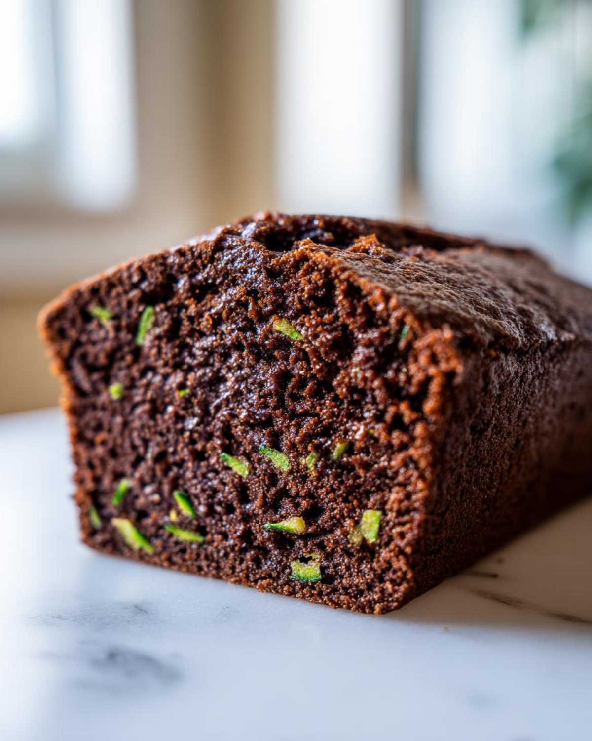 Close-up of a moist chocolate zucchini cake loaf, showcasing the zucchini flecks within the dark chocolate crumb.