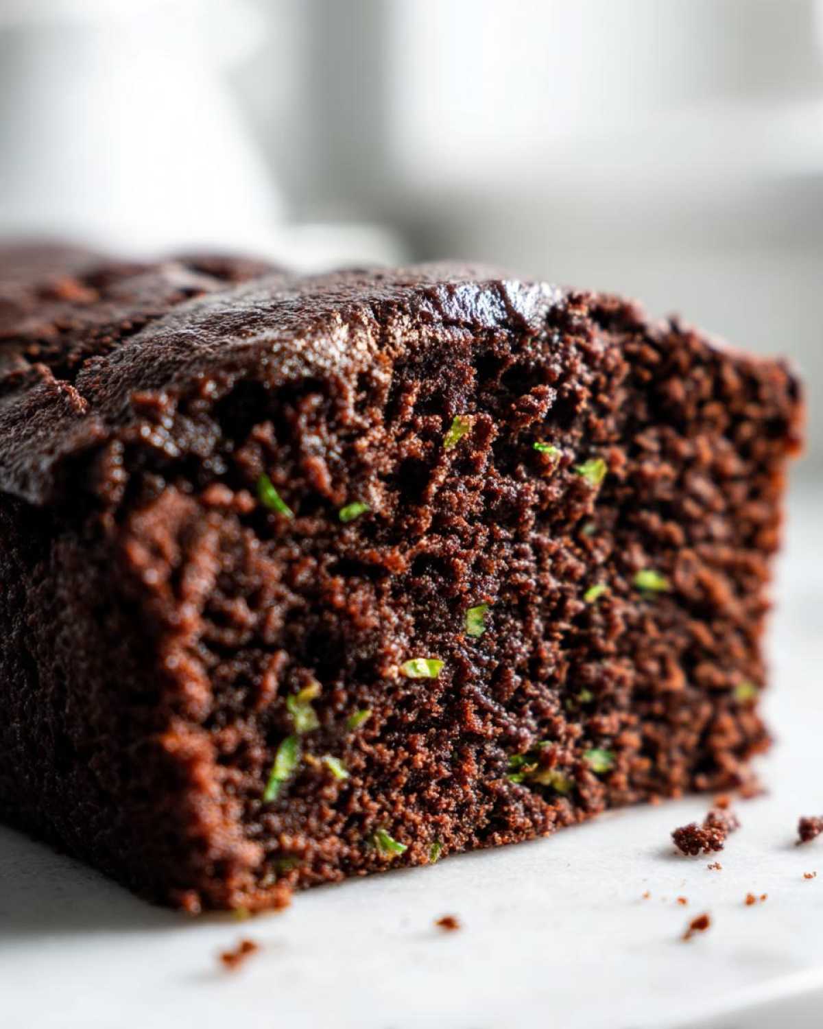 Close-up of a moist slice of chocolate zucchini cake showing the texture and zucchini flecks.