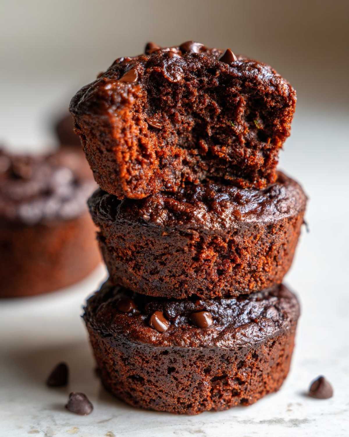 A stack of three chocolate zucchini muffins, the top one with a bite taken out, showing the moist interior.