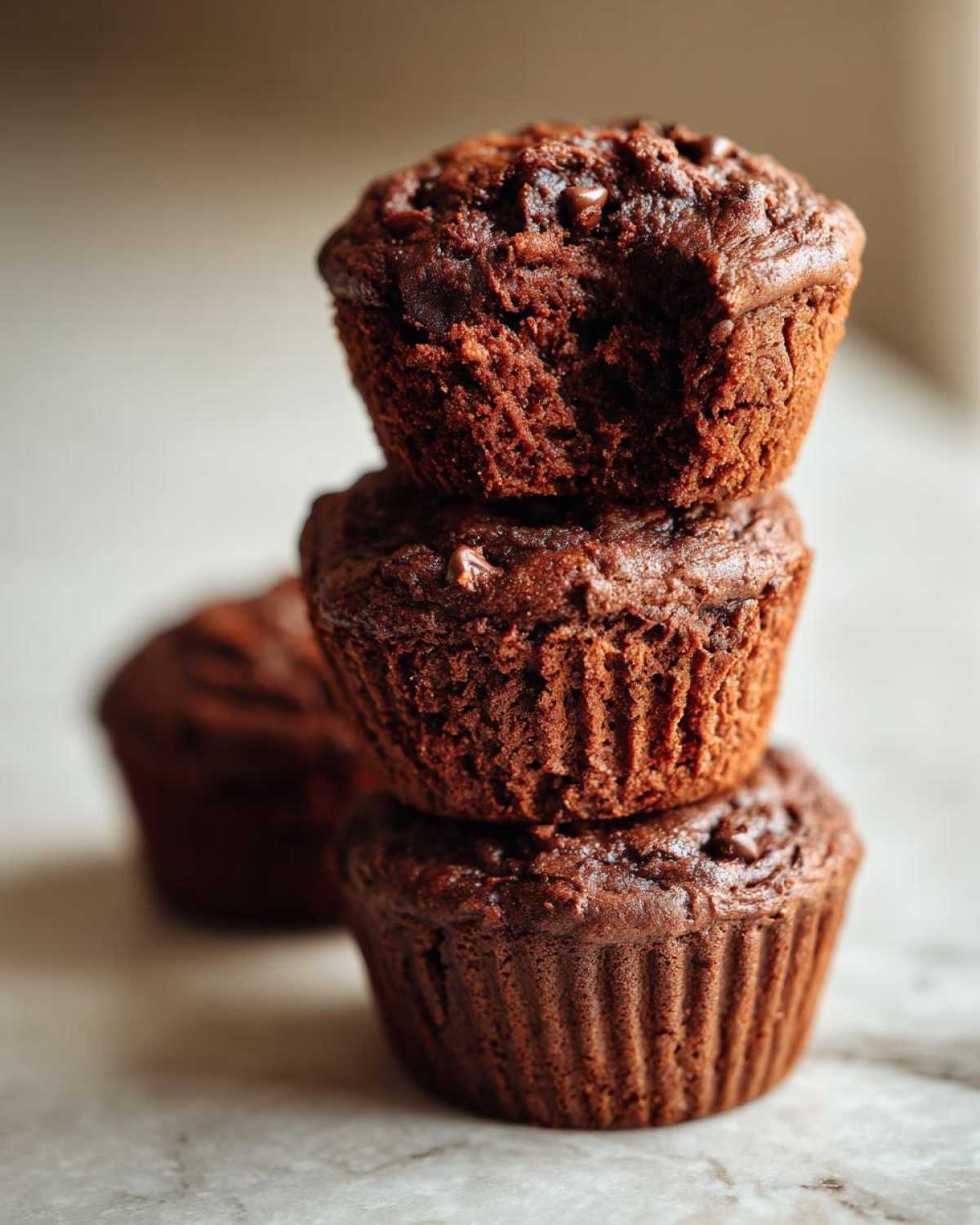 A stack of three moist chocolate zucchini muffins, one with a bite taken out, showing the texture.