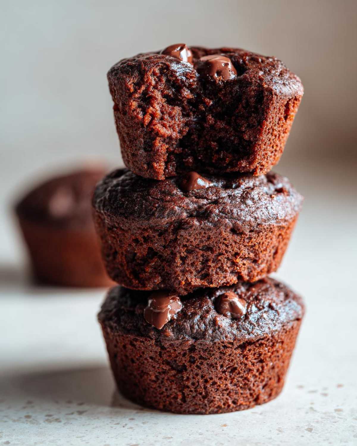 A stack of three chocolate zucchini muffins, the top one with a bite taken out, revealing the moist interior.