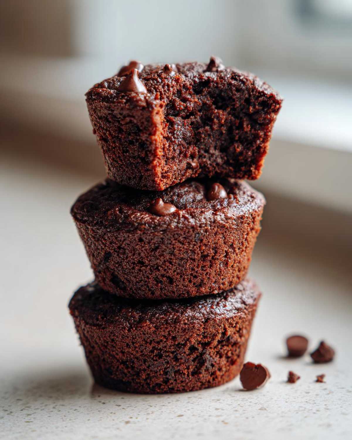 A stack of three chocolate zucchini muffins, the top one with a bite taken out, revealing the moist interior.