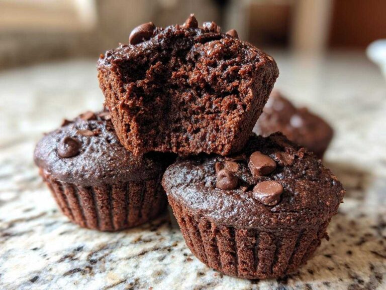 A stack of moist chocolate zucchini muffins, one with a bite taken out, topped with chocolate chips.