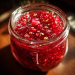Close-up of vibrant red Christmas jam in a clear glass jar, showcasing its rich texture and festive color.