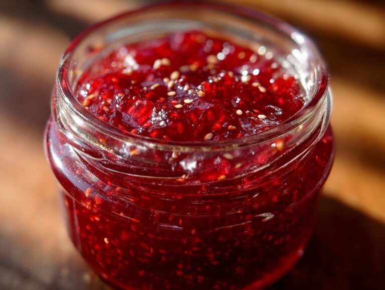 Close-up of homemade Christmas jam in a glass jar, showcasing its rich red color and festive appearance.