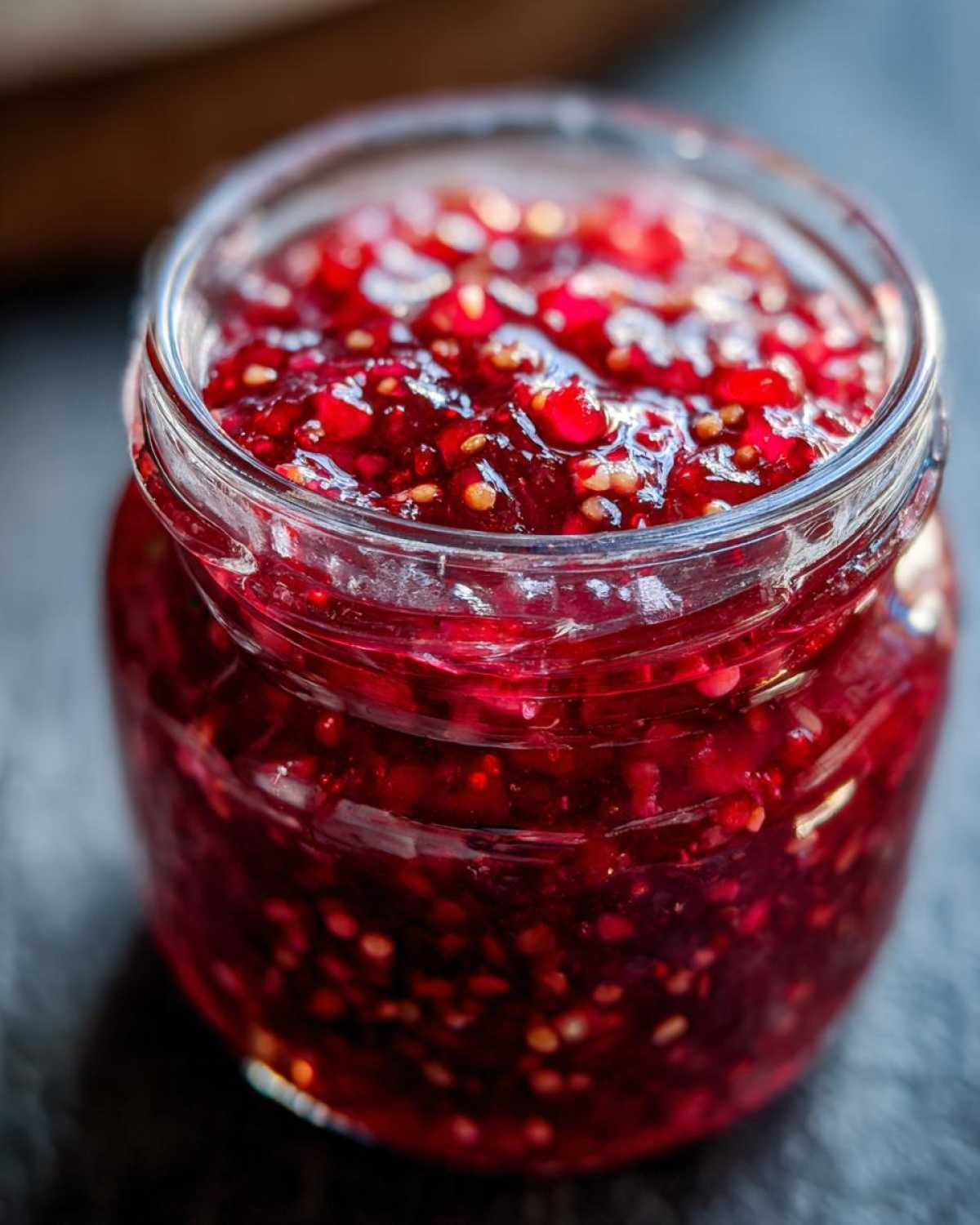 Close-up of a jar filled with vibrant red Christmas jam, showcasing its rich texture and festive color.