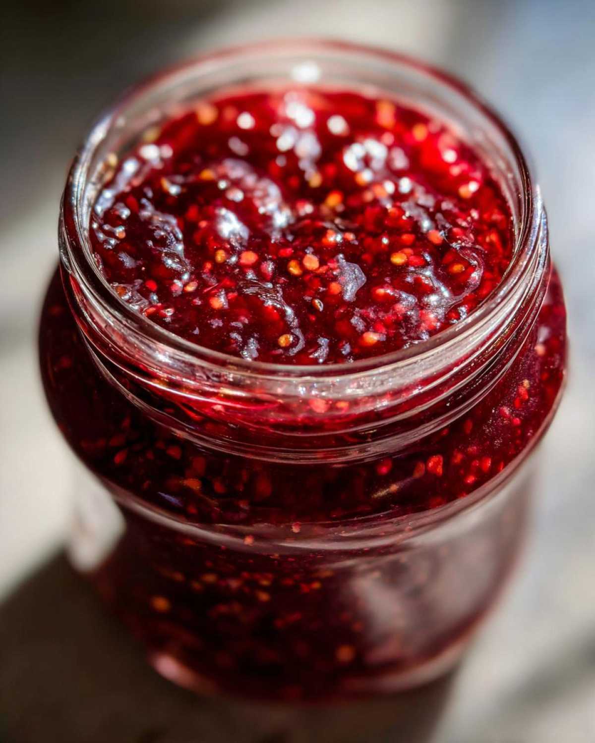 Overhead view of a jar filled with vibrant red Christmas jam, showcasing its texture and color.