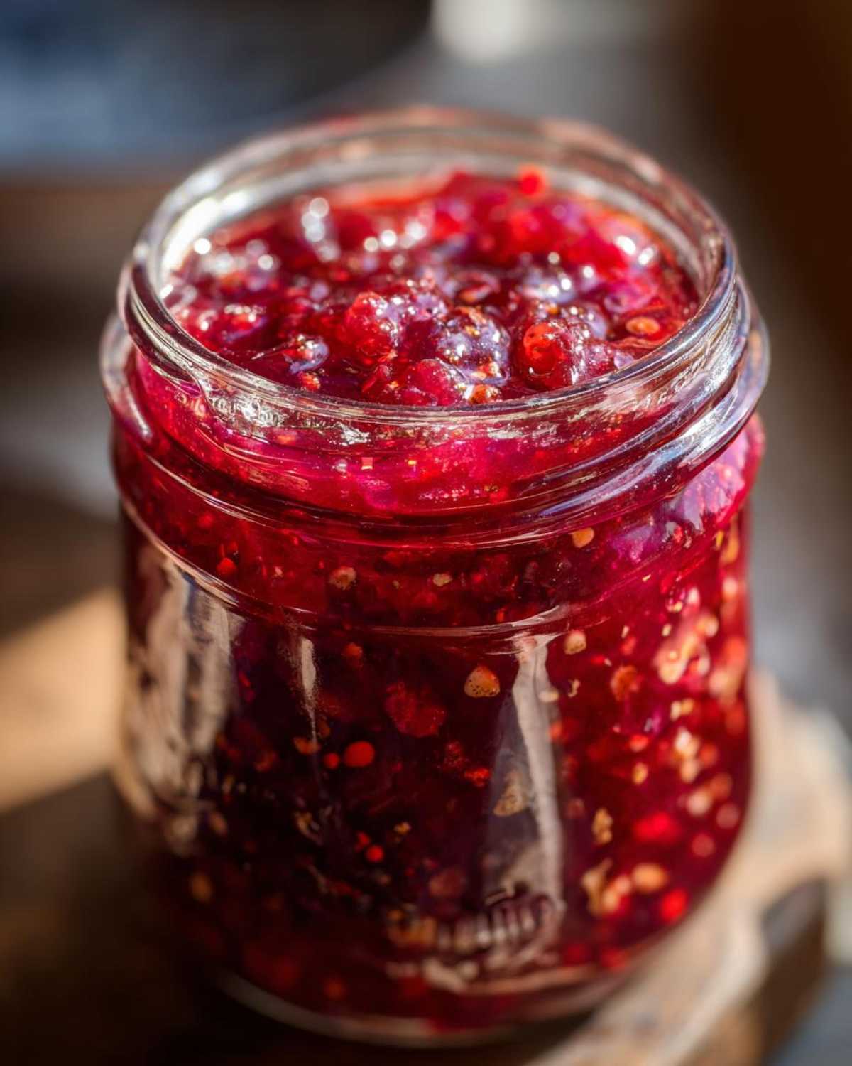 Close-up of a vibrant red Christmas jam in a clear glass jar, ready to be enjoyed.