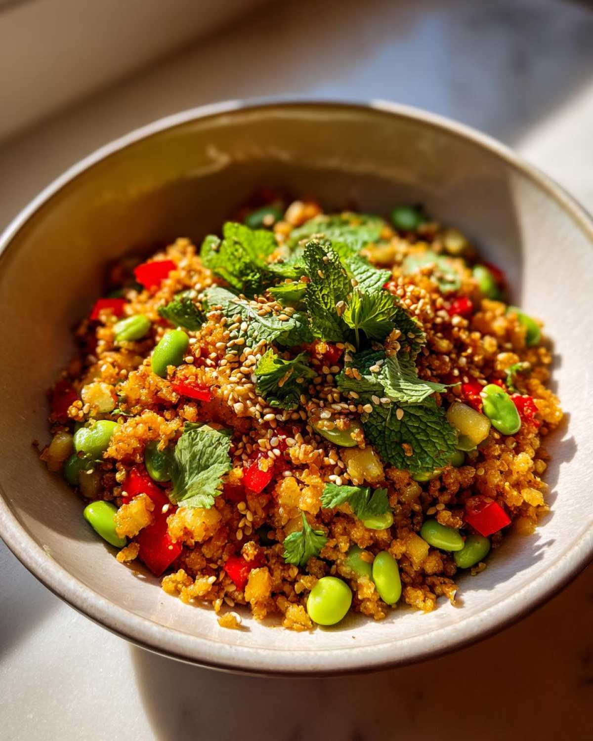 A bowl of crispy rice salad with edamame, red pepper, sesame seeds, and mint. A delicious and healthy meal.