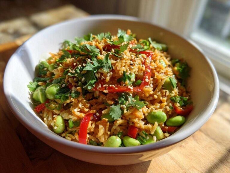 A vibrant bowl of crispy rice salad with edamame, red peppers, cilantro, and sesame seeds.