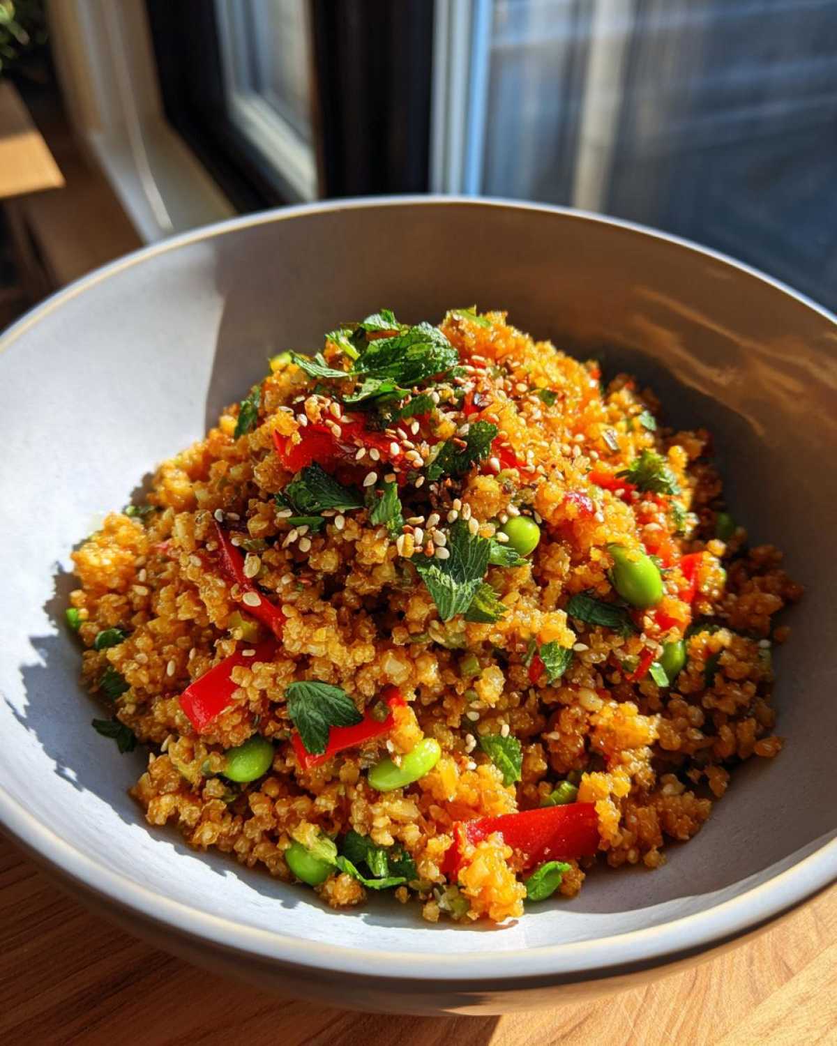 A vibrant bowl of crispy rice salad with red peppers, edamame, and fresh herbs, topped with sesame seeds.
