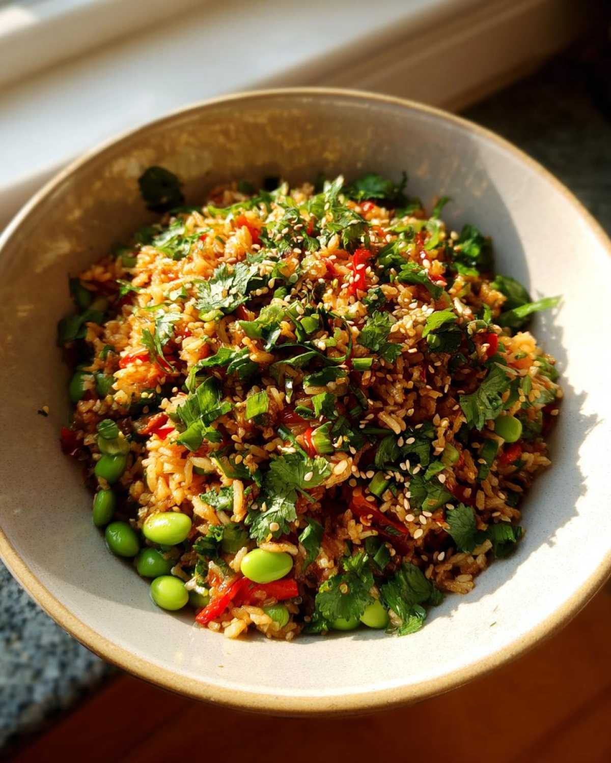Overhead shot of a bowl filled with crispy rice salad, featuring edamame, cilantro, and sesame seeds.