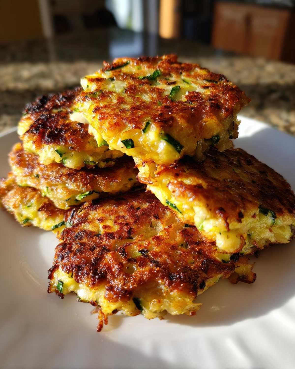 A stack of golden brown zucchini fritters on a white plate, showcasing their crispy texture and fresh zucchini.