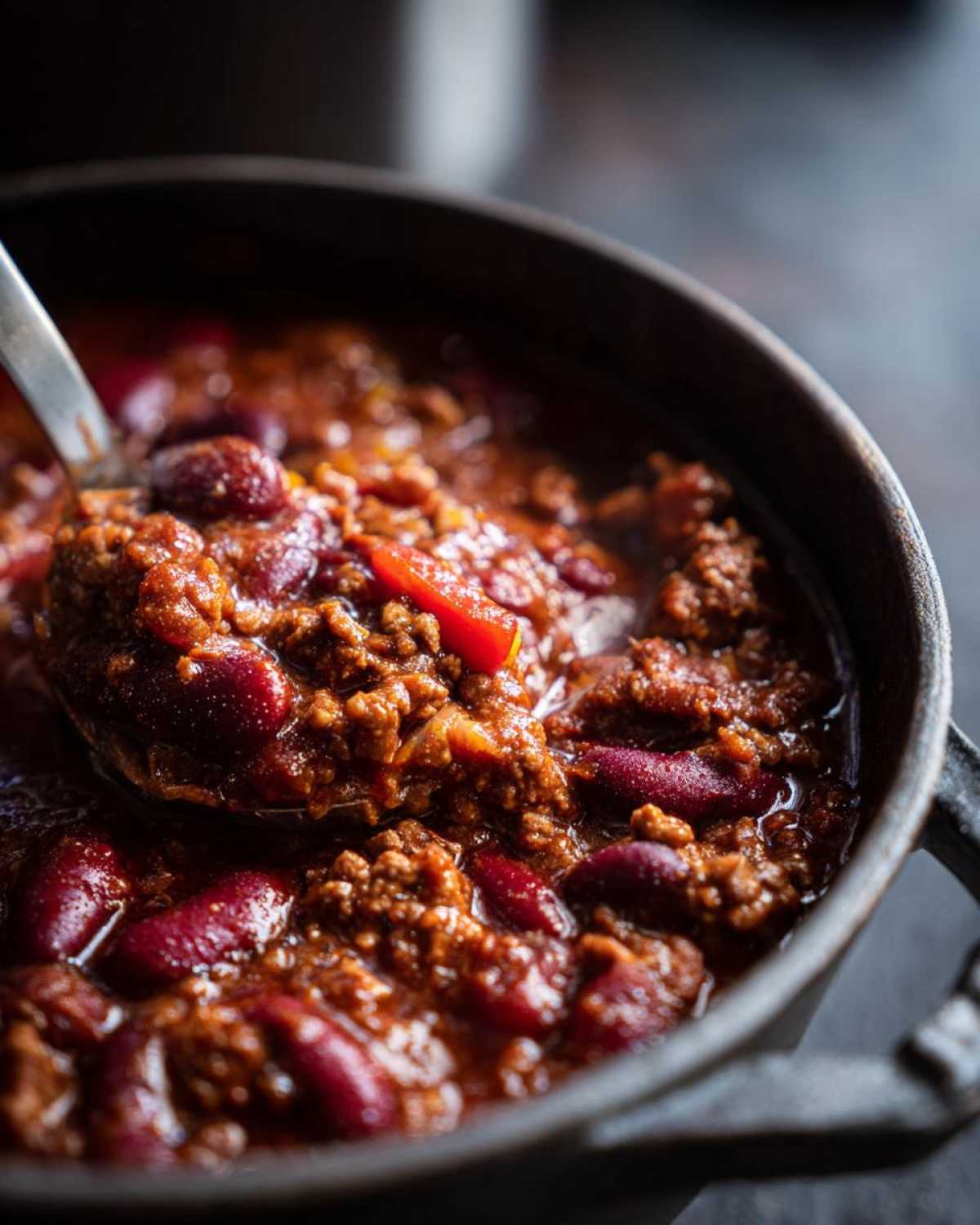 Close-up of hearty crockpot chili with kidney beans, ground beef, and red bell peppers being scooped with a spoon.