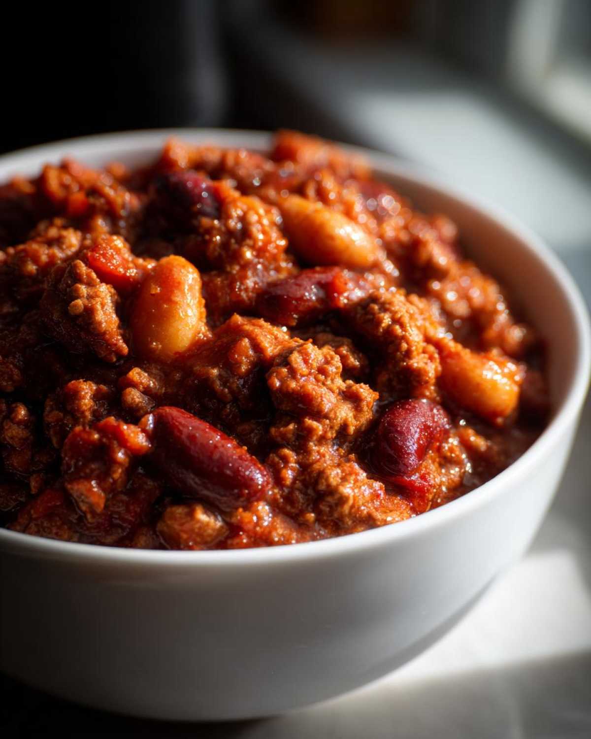 Close-up of a bowl of hearty crockpot chili with kidney beans and ground meat.