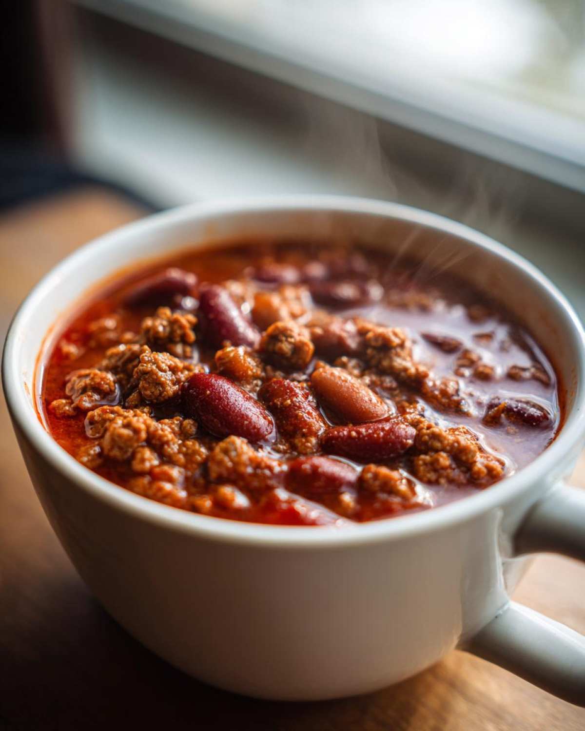 A steaming bowl of crockpot chili, filled with ground beef and kidney beans.