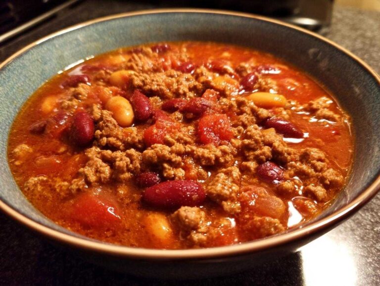 A bowl of homemade crockpot chili with ground beef, kidney beans, and tomatoes.