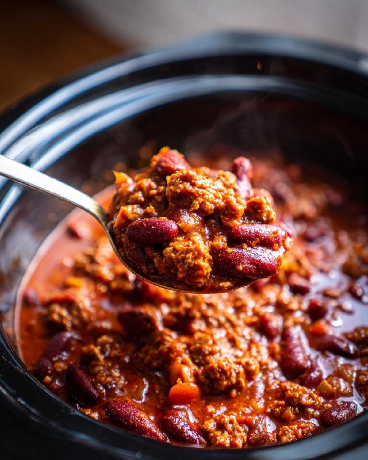 A spoonful of delicious crockpot chili with beans and ground beef, steaming over the slow cooker.