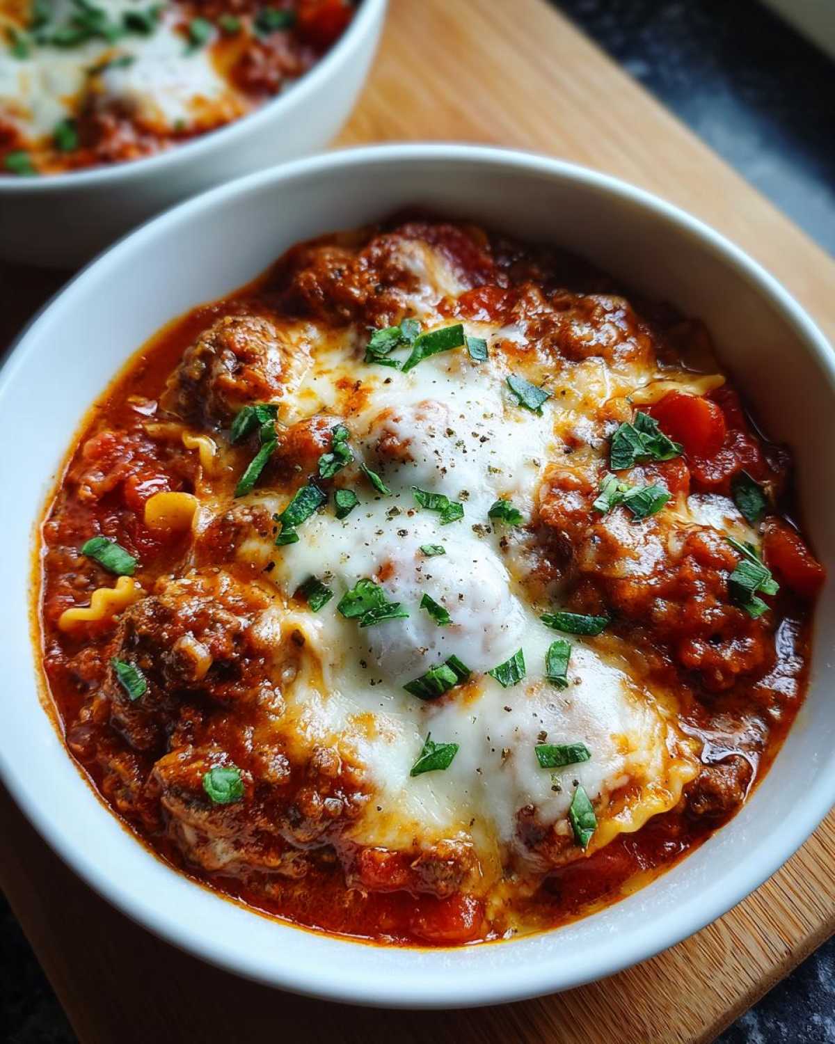 A bowl of crockpot lasagna soup topped with melted cheese and fresh herbs. Ready to eat!