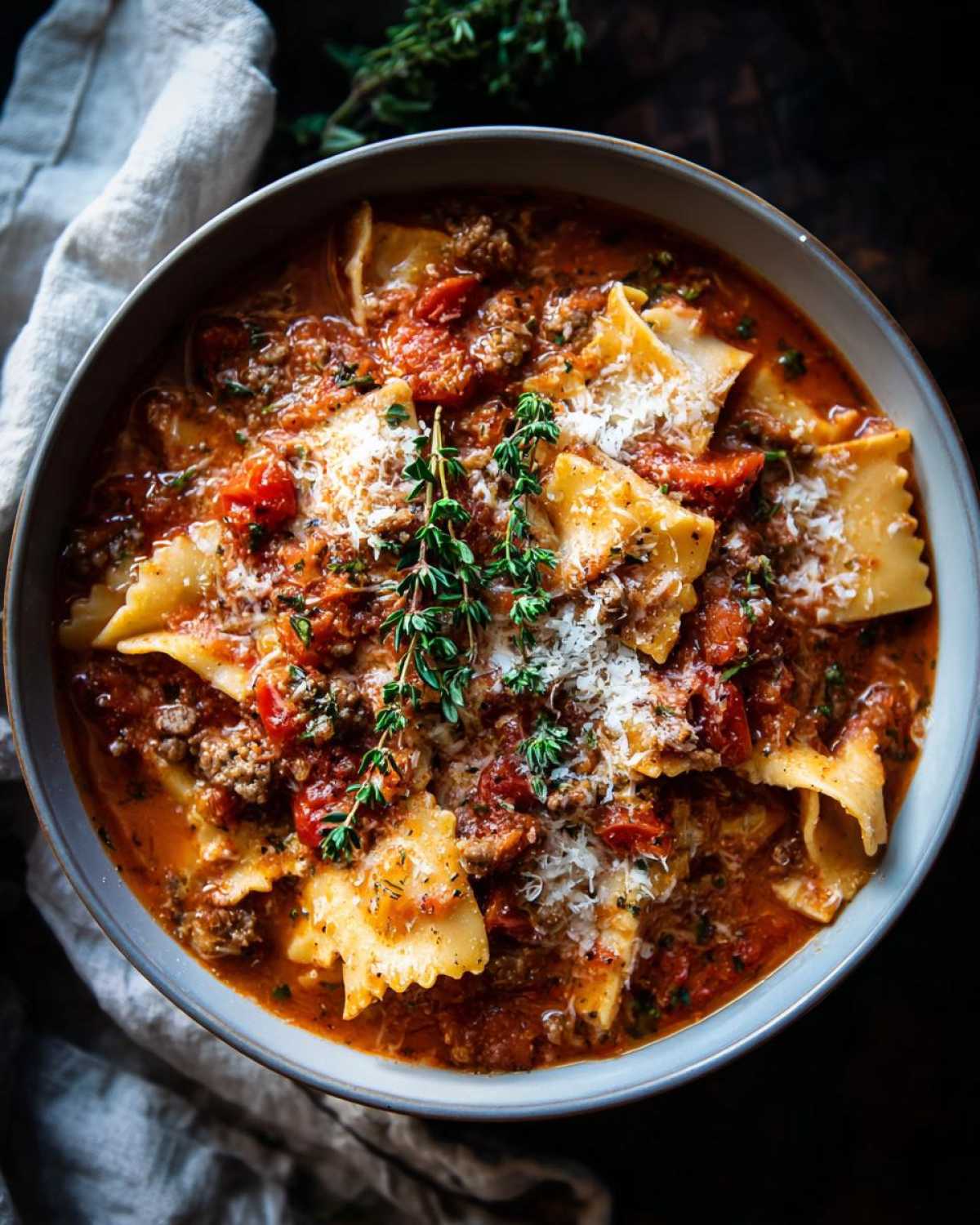 Overhead view of a bowl of crockpot lasagna soup, topped with cheese and fresh herbs.