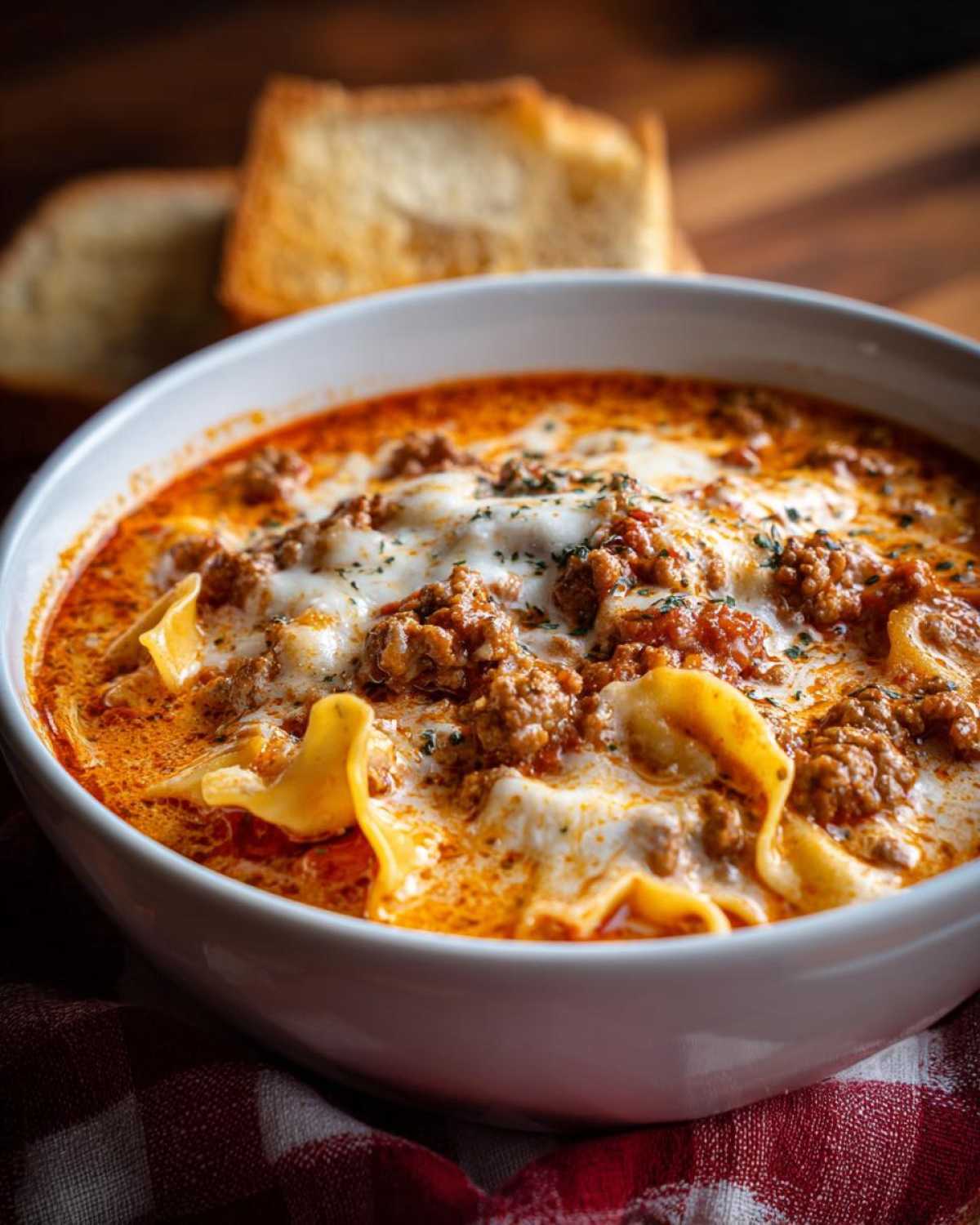 A bowl of cheesy crockpot lasagna soup with noodles and meat, served with toasted bread.