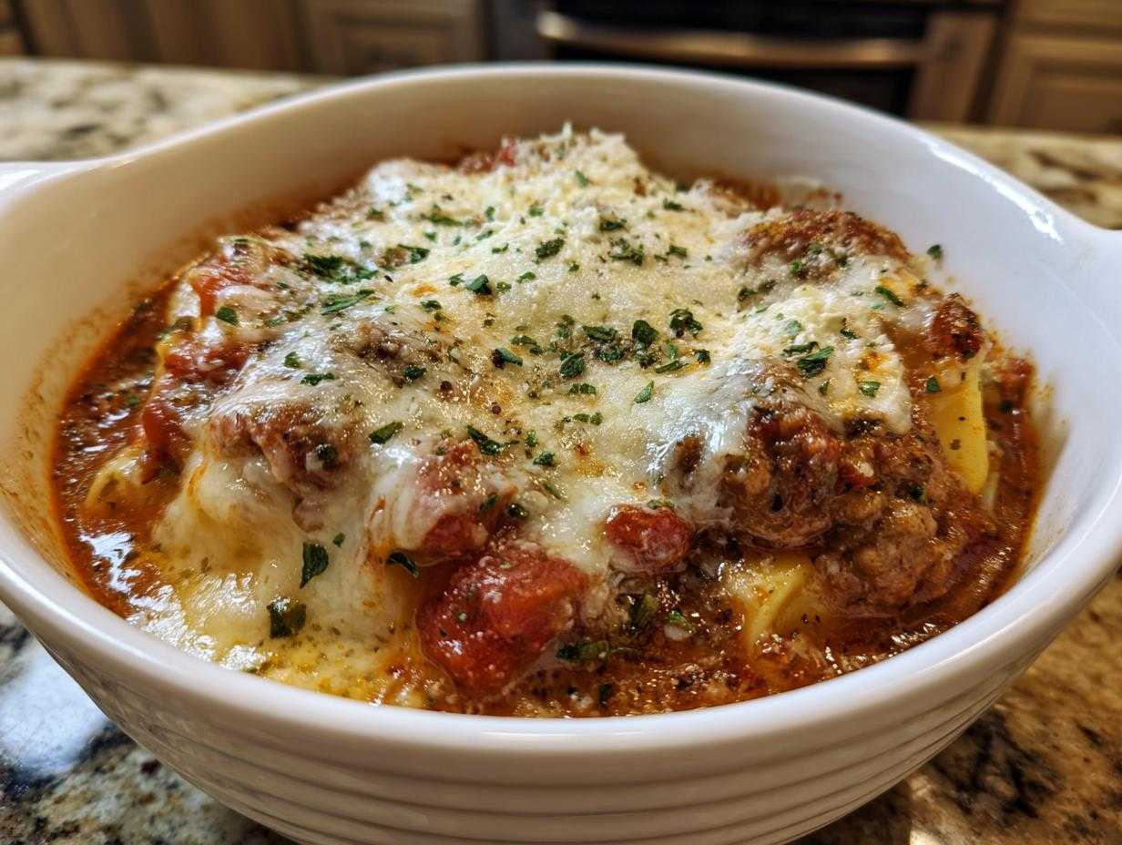 A bowl of cheesy crockpot lasagna soup, topped with melted mozzarella and herbs, on a countertop.