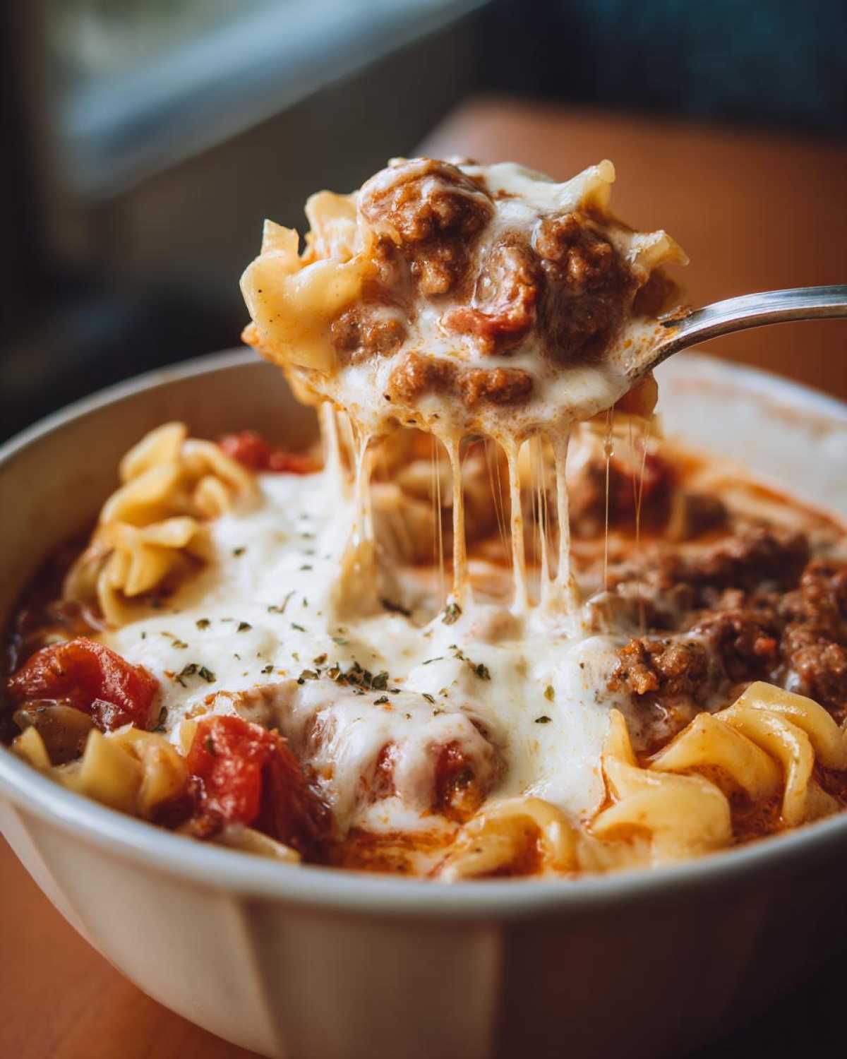 A spoonful of cheesy crockpot lasagna soup being lifted from a bowl, showing noodles, meat, and melted cheese.