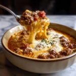 Spoonful of cheesy crockpot lasagna soup being lifted from a bowl, showing a delicious cheese pull.