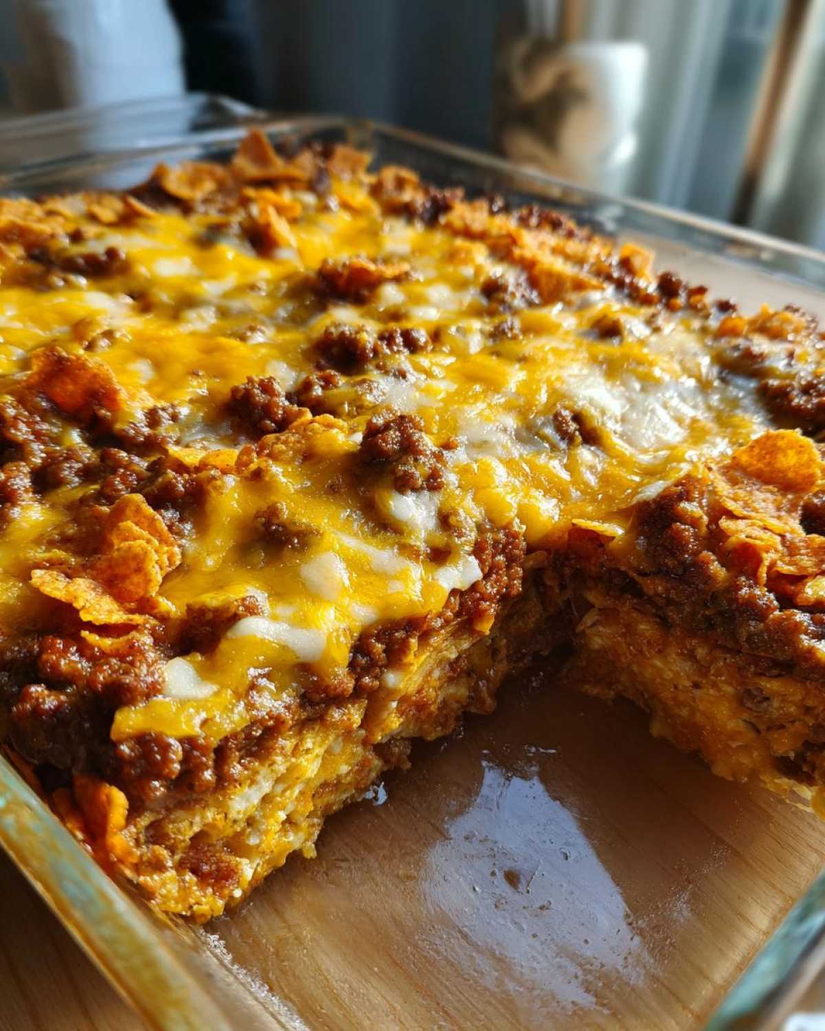 A close-up of a Dorito Casserole in a glass baking dish, showing layers of beef, cheese, and Doritos.