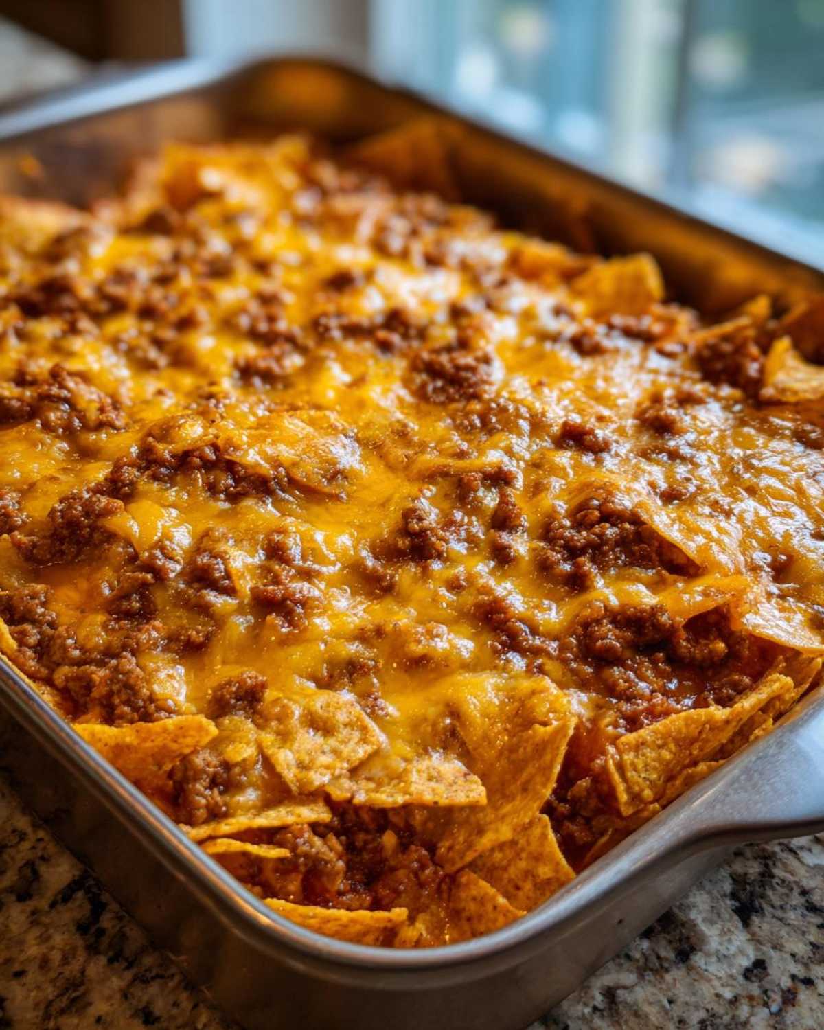A freshly baked Dorito Casserole in a metal baking dish, topped with melted cheese and ground beef.
