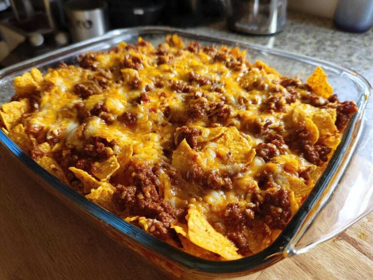 Overhead view of a cheesy Dorito Casserole in a glass baking dish, ready to serve.