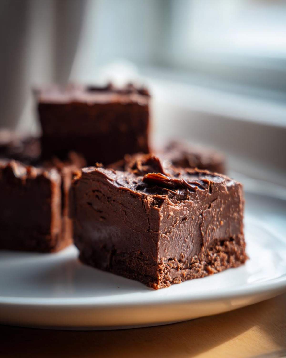 Close-up of homemade chocolate fudge squares on a white plate, showcasing a simple fudge recipe.