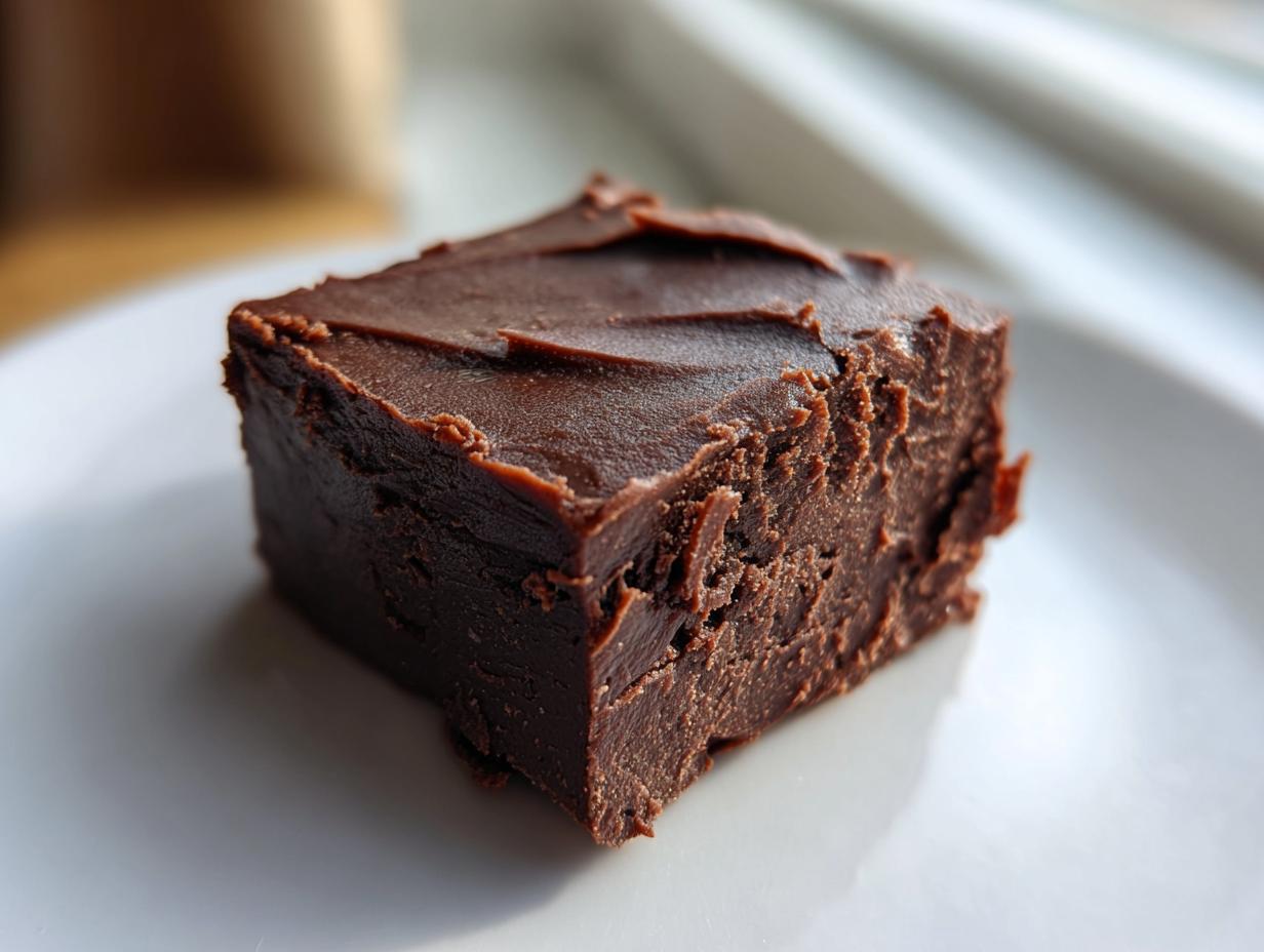 A square piece of homemade chocolate fudge on a white plate, showcasing a simple fudge recipe.