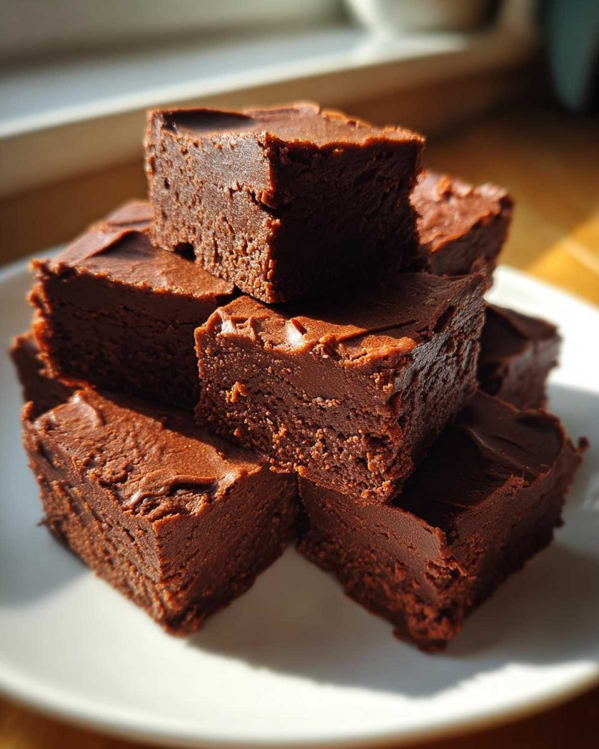 A stack of homemade fudge squares, showcasing a simple fudge recipe with a rich, chocolatey appearance.