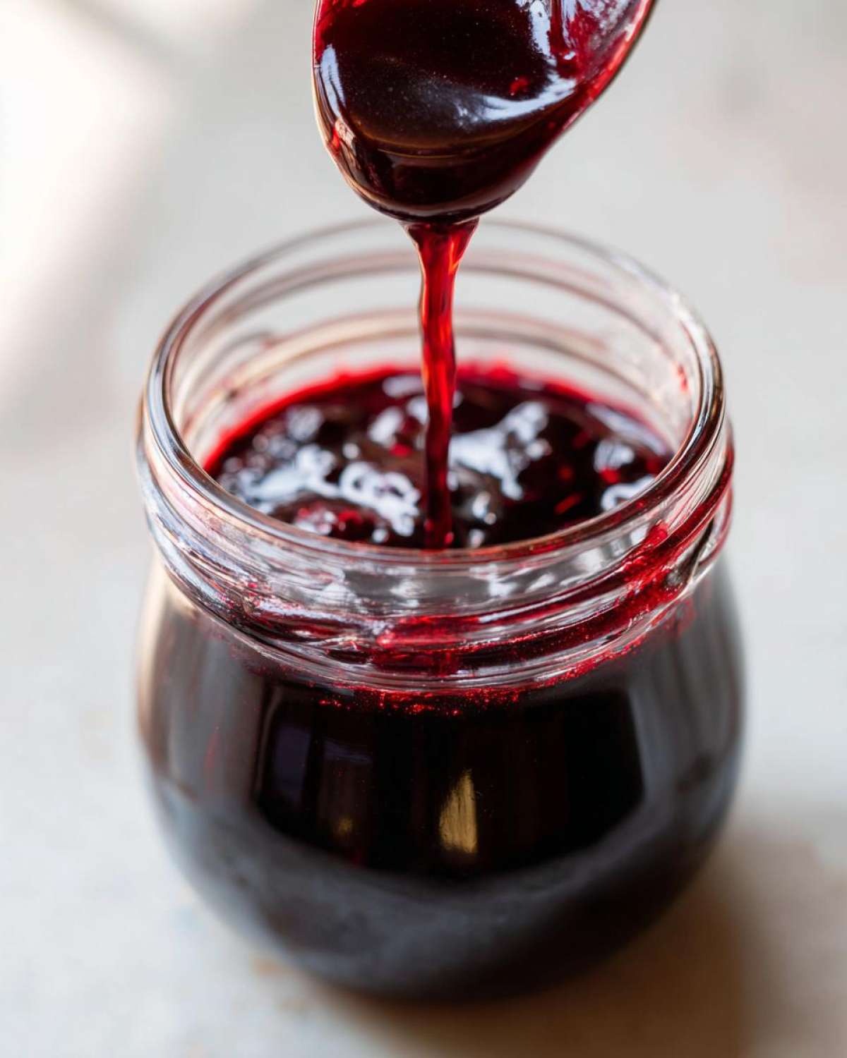 A spoonful of homemade elderberry syrup being poured into a glass jar, showcasing its rich, dark color.
